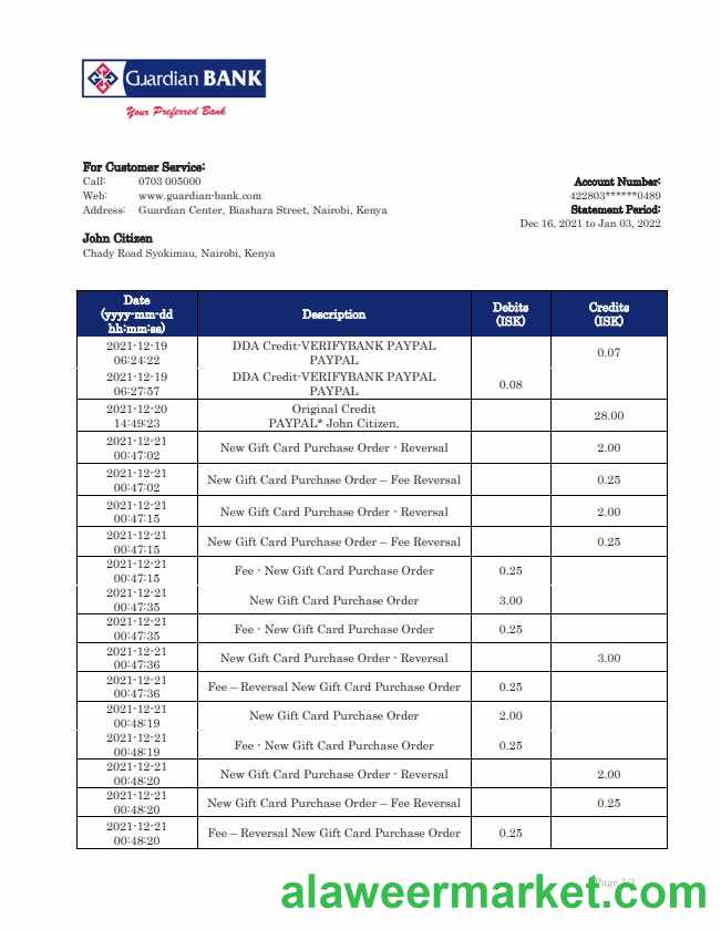 Kenya Guardian Bank statement